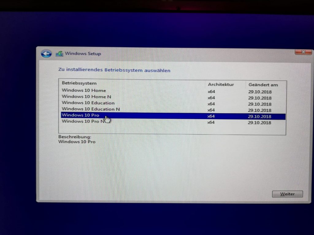 Windows Installations-Version auswählen