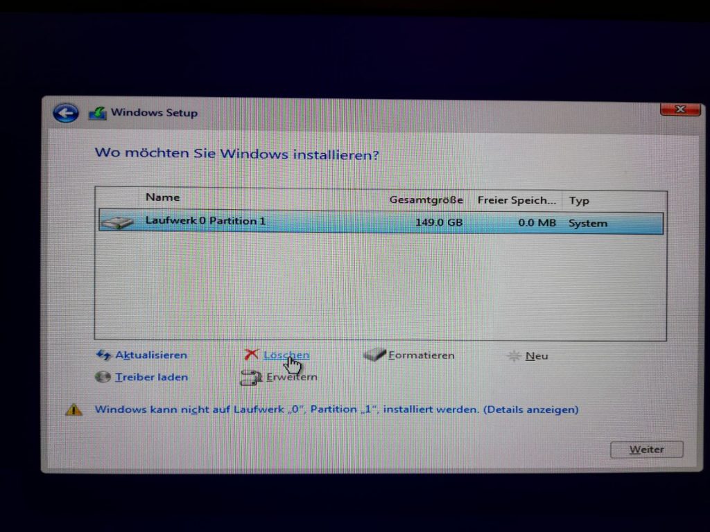 Windows 10 Installationsdatenträger / Laufwerk auswählen