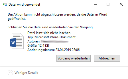 Datei lässt sich nicht löschen Windows 10