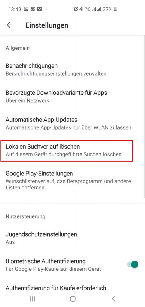 Google Play Store Lokalen Suchverlauf löschen