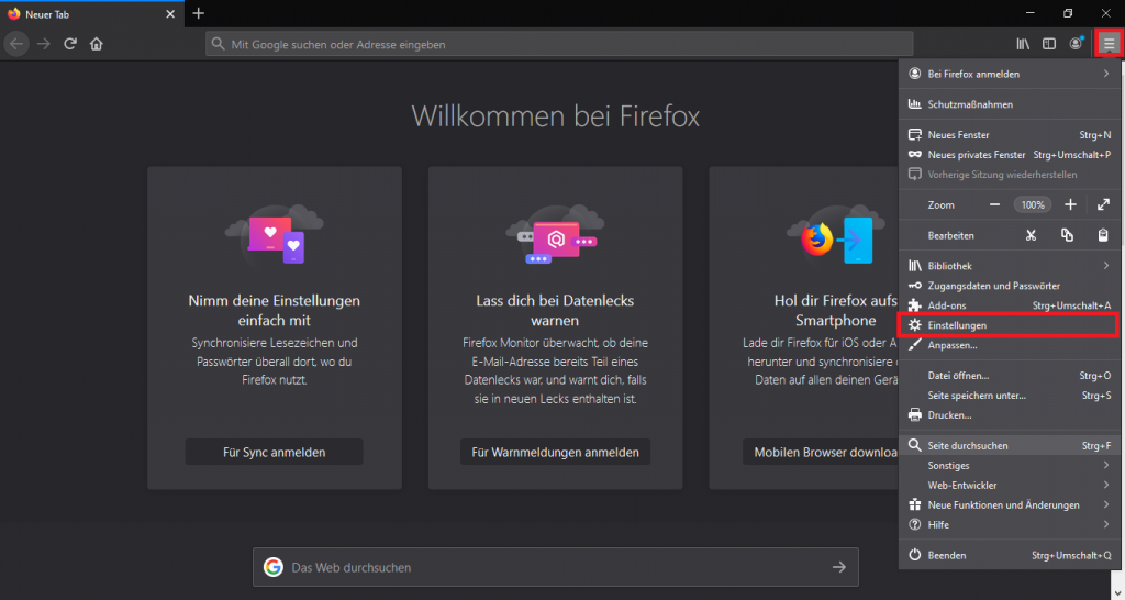 Einstellungen in Firefox öffnen