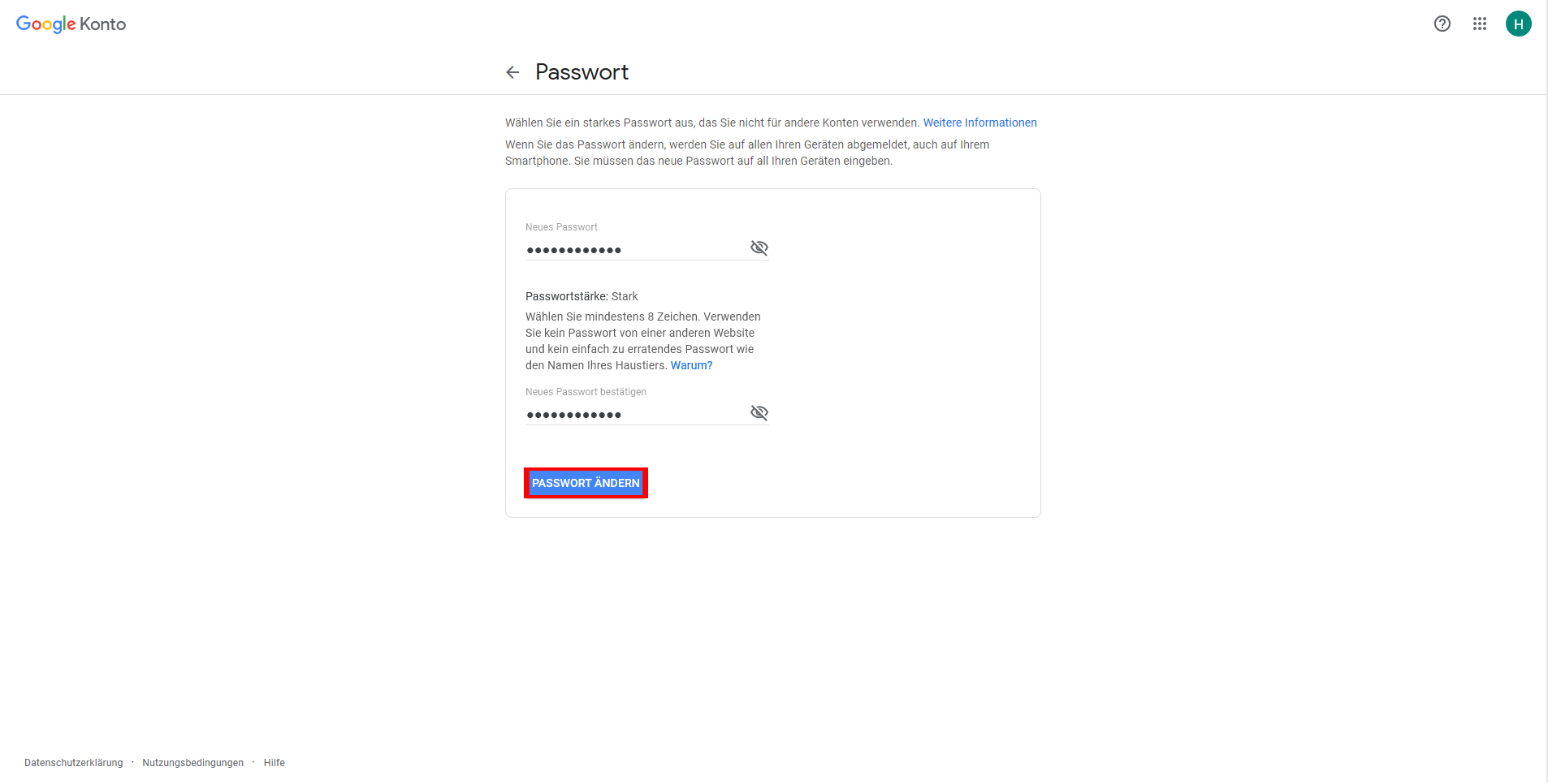 Neues Passwort vergeben - achten Sie auf die Passwortstärke