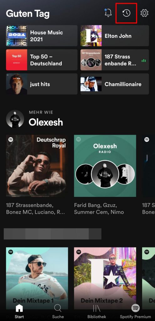 Spotify-App - zuletzt gespielte Titel - Song-Verlauf