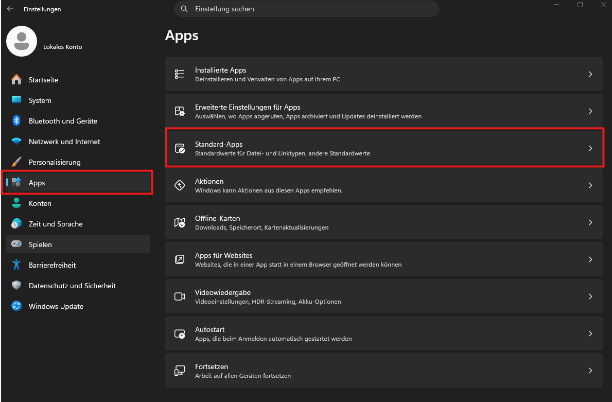 Standart-Apps definieren Windows 11